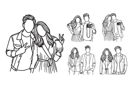 Hand-drawn line art of a couple expressing their love intimately in black white vector