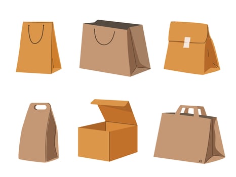 Set recycling paper eco bags. ardboard box, kraft paper pack, shopping bag vector