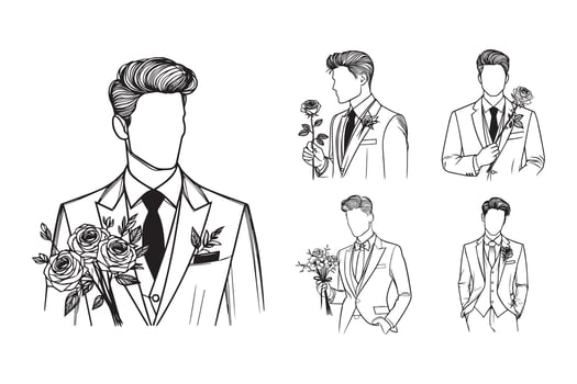 Elegant man in wedding attire, illustrated in line art with a rose flower vector
