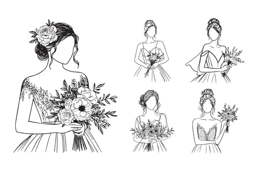 Illustration of a beautiful woman in wedding attire, adorned with flowers and a bun vector
