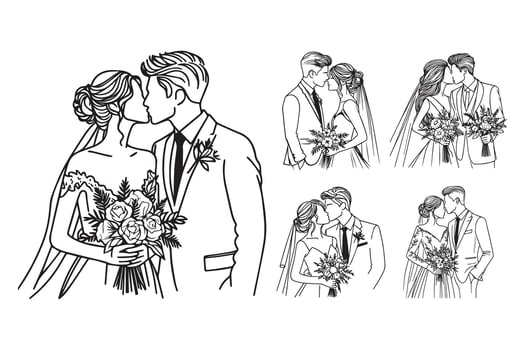 Black and white clipart depicting a couple sharing a kiss during their wedding vector