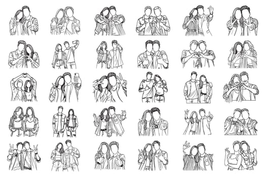 Bundle Line Art Happy Friendship Pose Photo with Sign Gesture Art joyful gestures Illustration Hand Drawn Clipart vector