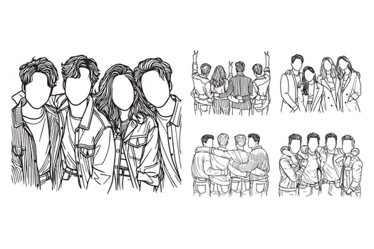 Black and white clipart depicting a joyful friendship among four individuals vector