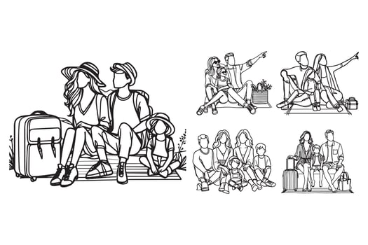 Black and white clipart depicting a family sitting together joyfully vector