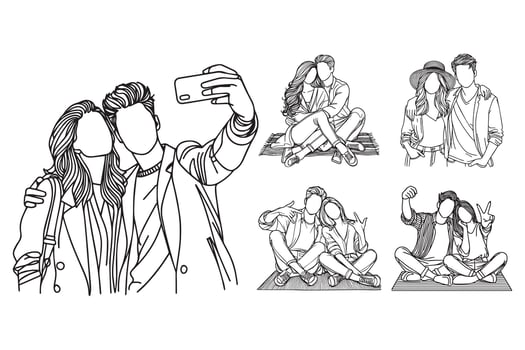 A hand-drawn line art illustration of a cheerful couple on holiday vector