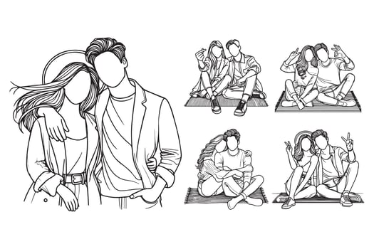 Line Art Cheerful Couple Holiday Photo Art couple enjoying their holiday Illustration Hand Drawn Clipart vector