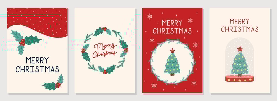 Hand Drawn Christmas Cards collection. Plant ornament. Green and red colors. Christmas and New Year. illustration. vector