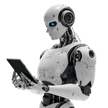 AI Robot Typing on iPad Isolated on Transparent Background png