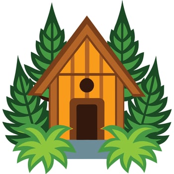 A small wooden house surrounded by trees and plants vector