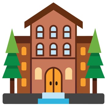 An illustration of a building with trees and a fountain vector
