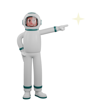 3D Male Astronaut Illustration. A male astronaut stands with his right hand pointing to the star beside him while the other hand is on his waist. Professional png