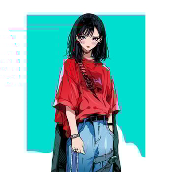 cartoon character of a young girl in a red t-shirt with blue pants in anime style vector