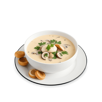 Creamy Mushroom Soup with Egg and Parsley Garnish White Bowl Food Photography png