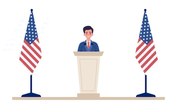 Male leader behind tribune with national flags. illustration. vector