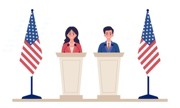 Male and female political leaders behind podium with USA flags. illustration. vector