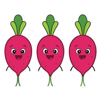 Three radishes with eyes and green leaves vector