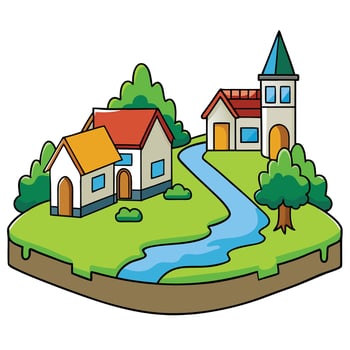 Cartoon village with houses and river vector
