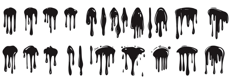 Silhouette dripping paint or black liquid melting, illustration set isolated on a white background. Dripping oil, cartoon style design elements collection. vector
