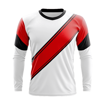 a red and white Long sleeve jersey with a red stripe on the front isolated on a transparent background png