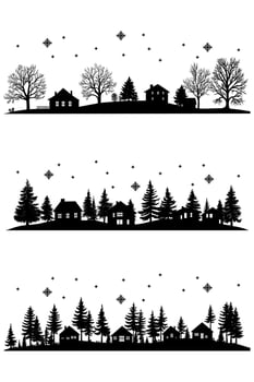 Set of silhouette of winter landscape with falling snowflakes. christmas eve background rural scape. vector
