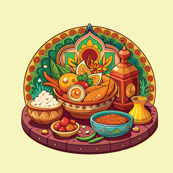 a drawing of a plate of indian cuisine with a variety of food, indian, cuisine, highly detailed vector