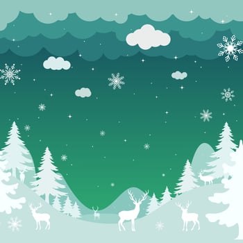 Winter landscape with snowflakes and deer illustration vector