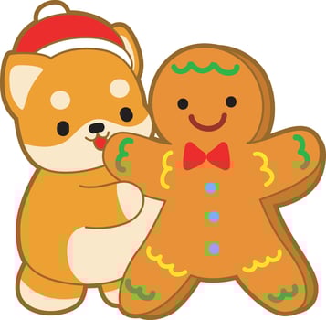 Shiba Inu with ginger bread. Cute puppy kawaii christmas dog lovely animal icon. Fluffy Shiba Inu christmas stickers. Santa doggy vector