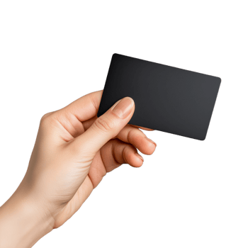 A hand holding a blank black card on a transparent background png
