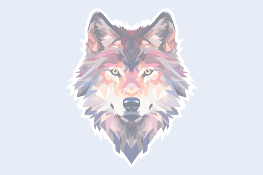 Geometric polygonal illustration of a wolf's head, featuring sharp angles and a blend of pastel hues. The design highlights the wolf's piercing gaze and symmetrical structure on a light background. vector