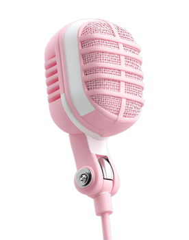 A vintage-style pink microphone with a mesh grille and a flexible gooseneck stand is isolated on a transparent background. png