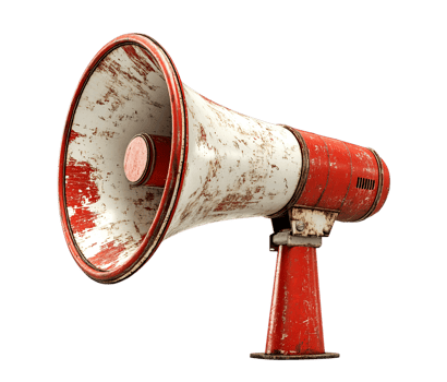 A vintage, red and white megaphone with a weathered exterior is isolated on a transparent background. png