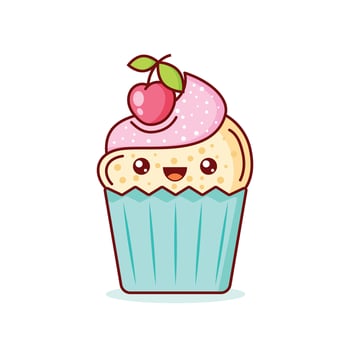 Cute sweet desserts icon in flat style. Kawaii cupcake illustration on isolated background. Happy muffin sign business concept. vector