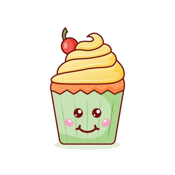 Cute sweet desserts icon in flat style. Kawaii cupcake illustration on isolated background. Happy muffin sign business concept. vector