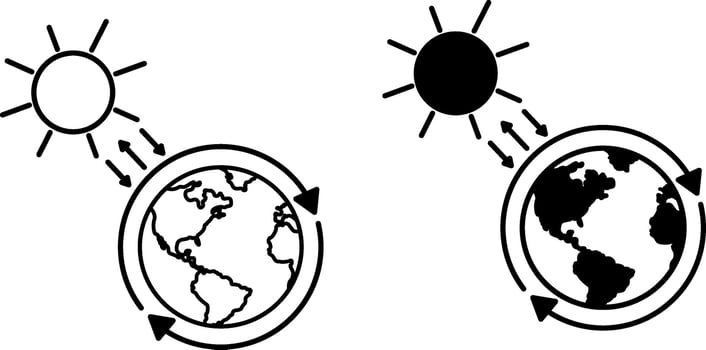Greenhouse Effect icons. Black and White Icons of Planet and Sun Interaction. Global Warming and Environment Protection Concept vector