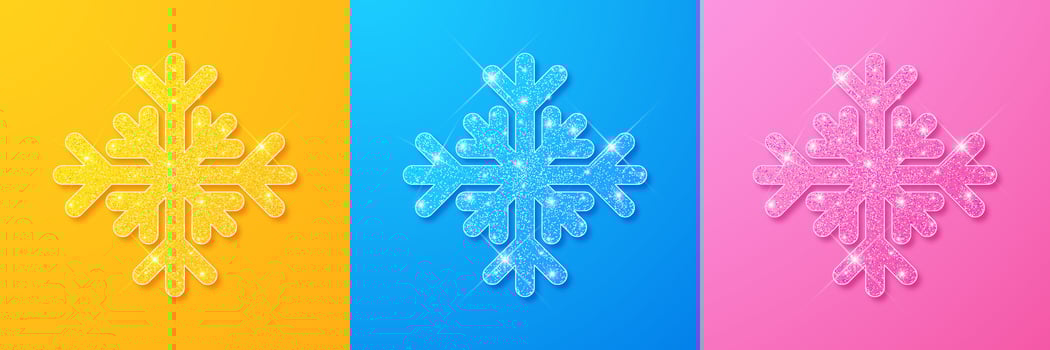 Snow stars collection. Sparkling yellow, blue and pink snow with sparkling texture, isolated on snow color matching background. vector
