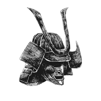 Sketch drawing of kabuto helmet, and menpo mask. Detailed hand drawn illustration. png
