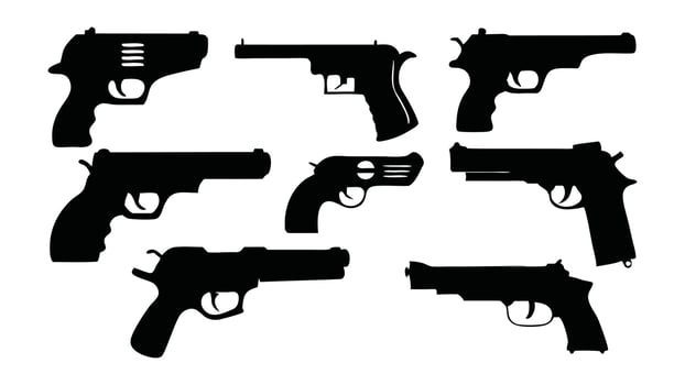 Pistol Gun silhouettes set isolated flat illustration on white background. vector