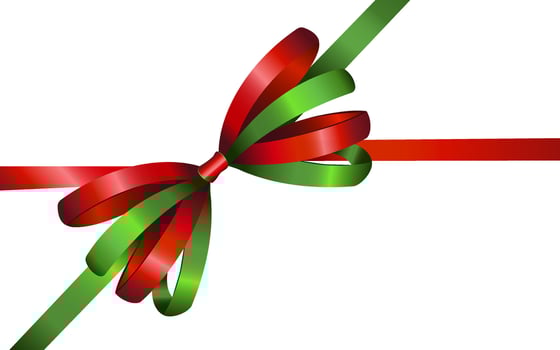 Decorative green, red bow with horizontal green, red ribbon isolated on white background. Christmas and New Year decoration. For holidays design, gift boxes, satin warping decor realistic. vector