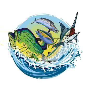 Sailfish marlin tuna mahi mahi dorado wahoo fishing jumping on the rolling waves in the middle of the ocean vector