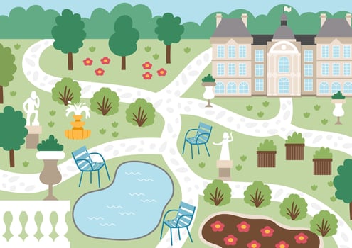 Luxembourg garden in Paris landscape illustration. French capital city park scene with palace, benches, chairs, sculptures, pond, trees. Cute France background vector