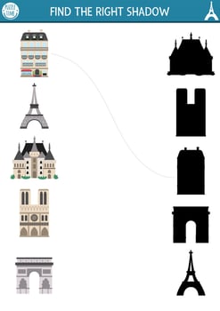France shadow matching activity. French puzzle with Eiffel Tower, castle, Notre Dame, Triumphal arch. Find correct silhouette printable worksheet. Funny page for kids with traditional places vector
