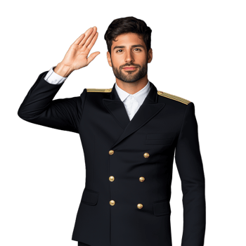 Man dressed in a navy blue double breasted jacket saluting, looking forward on a transparent background png