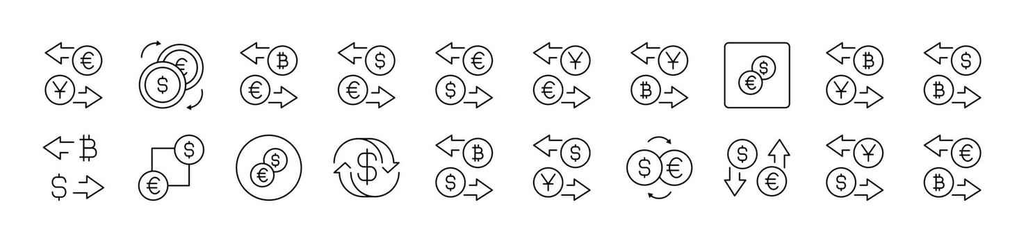Currency Exchange Outline Sign Collection. Editable Stroke. Perfect for Infographics, Articles, Books, Flyers, Banners vector