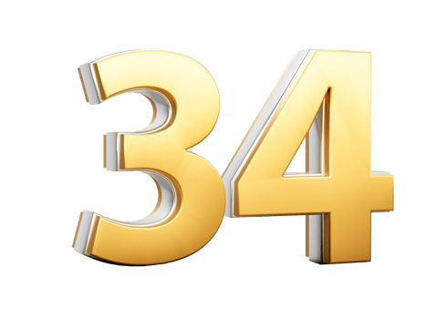 3D Golden Shiny Number 34 Thirty Four With Silver Outline 3D Illustration png