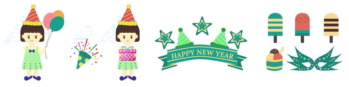 Element set Happy New Year ,cute girls holding balloon and holding gift box, vector