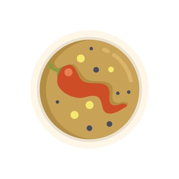 Spicy soup bowl with red chili pepper and black peppercorns garnish vector