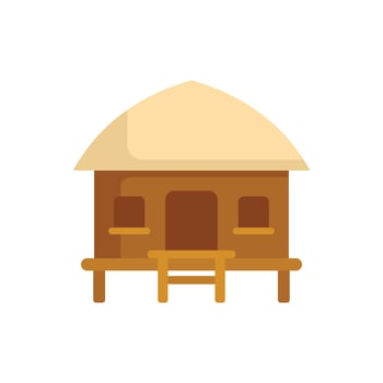 Wooden bungalow with thatched roof standing on stilts over white background vector