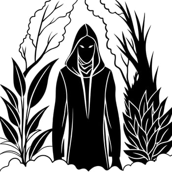 mysterious man silhouette in dark fantasy forest, illustration line art vector
