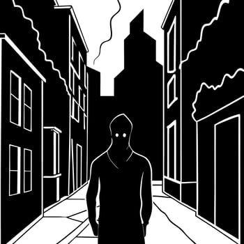 silhouette in misty alley at night city street, mystery and horror foggy cityscape atmosphere vector
