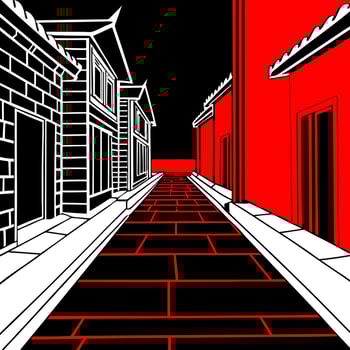 mystical empty red lights street in spooky ancient town 3d art illustration scary alley of oldtown vector